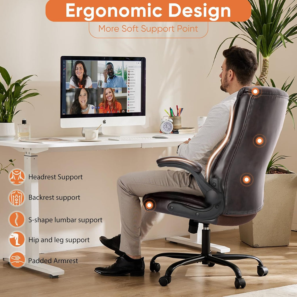 Sweetcrispy Computer Gaming Chair, Ergonomic High Back Heavy Duty Task Desk Office Chairs with Wheels, Flip-up Arms, Adjustable Height, PU Leather,Dark Brown