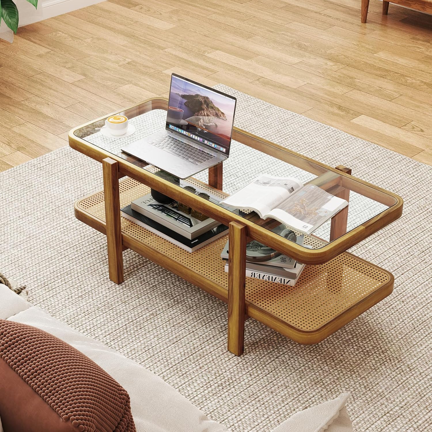 Giantex Rattan Coffee Table, 47.5" Rectangle Solid Wood Tea Table w/Tempered Glass Tabletop, Rattan Storage Shelf, 2-Tier Boho Coffee Tables, Farmhouse Center Table for Living Room (Oak)