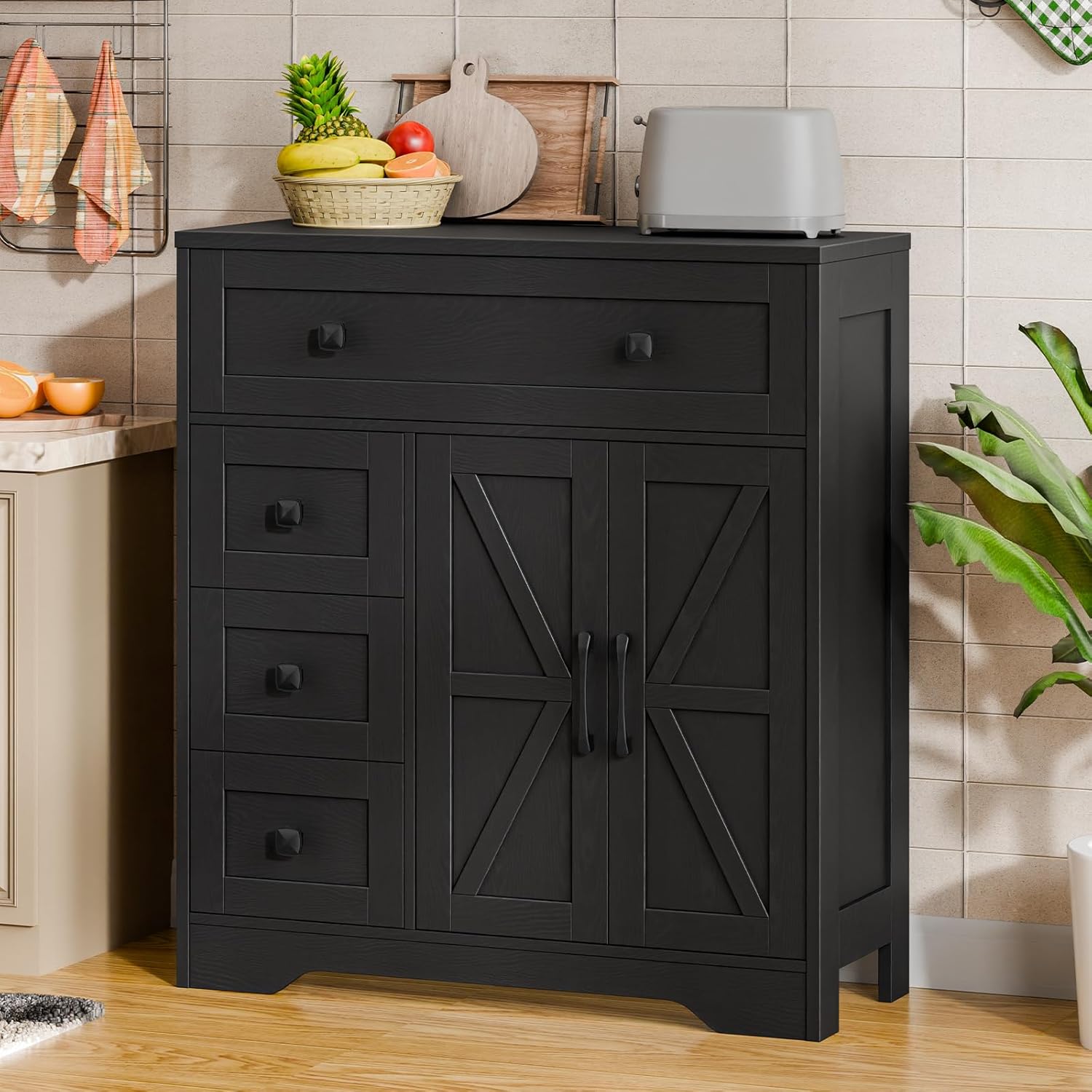 Vabches Farmhouse Storage Cabinet with 2 Doors and 4 Drawers, Freestanding Bathroom Storage Cabinet Kitchen Pantry, Floor Hutch Cupboard for Living Room/Bathroom/Kitchen,(Pure Black)