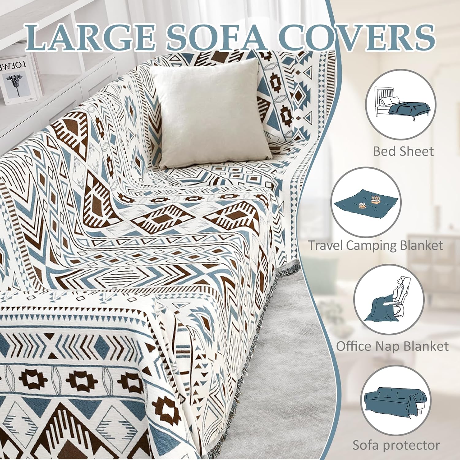 1OO% Waterproof Sectional Couch Covers for Dogs L Shaped Corner Sofa Cover Washable Chenille Sofa Slipcovers Blanket Modern Jacquard Pet Furniture Protector (91"x252", Boho Blue Brown)