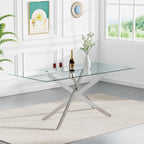 Modern Dining Table for 6 People, 60" Rectangle Dining Room Table with Silver Chrome Metal X-Base, Rectangular Tempered Glass Dining Table, Kitchen Dining Room Tables Luxury Dinner Table