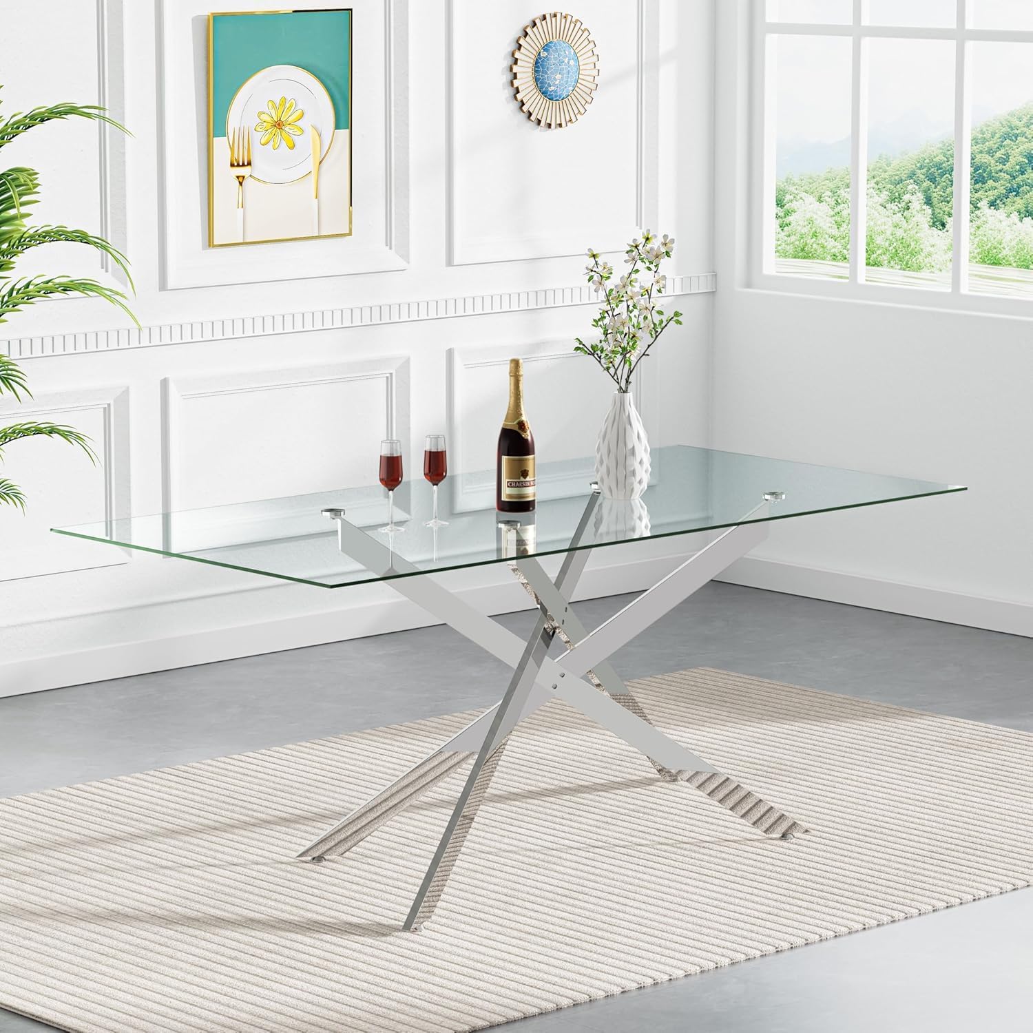 Modern Dining Table for 6 People, 60" Rectangle Dining Room Table with Silver Chrome Metal X-Base, Rectangular Tempered Glass Dining Table, Kitchen Dining Room Tables Luxury Dinner Table