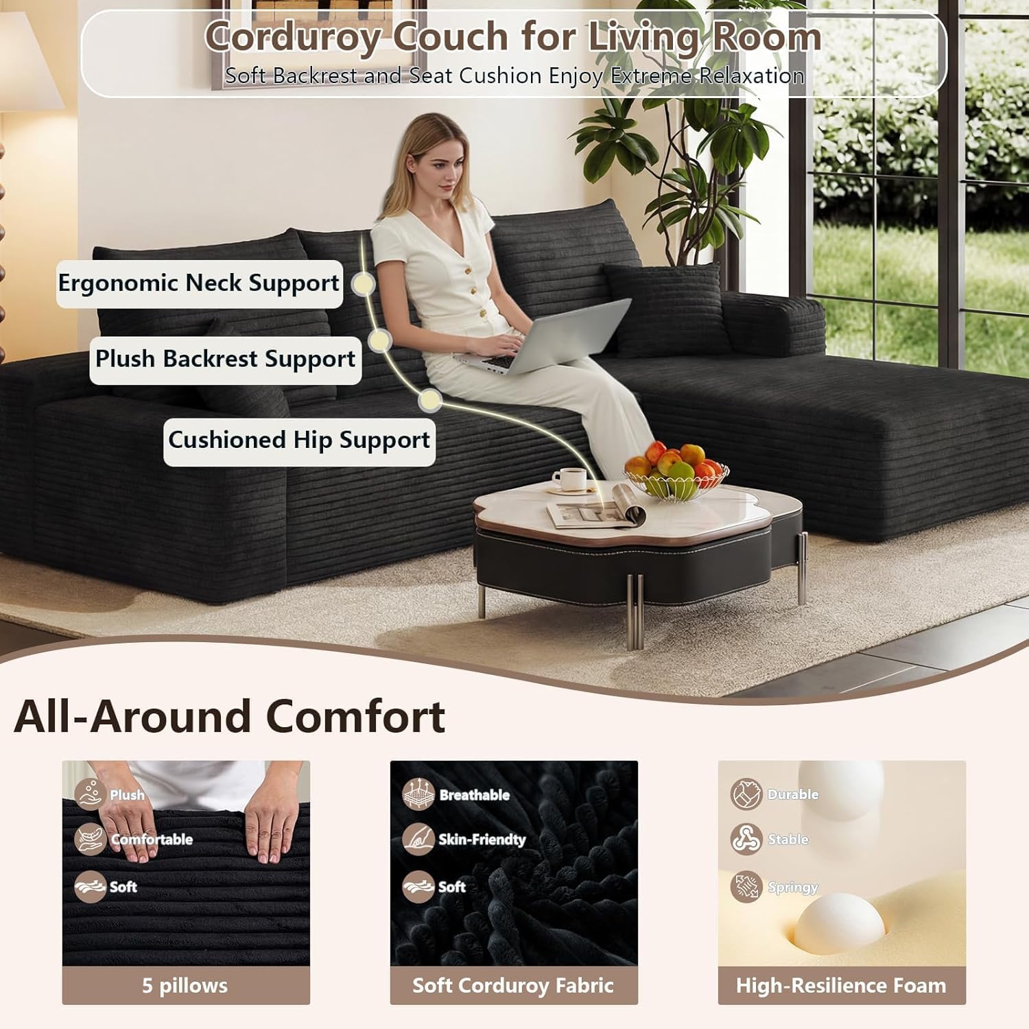 95" Cloud Sectional Couch with L-Shape Chaise, Modern Cloud Couch with Deep Seat, Modular Sectional Couches for Living Room, Apartment, Office, No Assembly Required