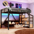 Bellemave Full Size Loft Bed with Storage Stairs, Shelves & Wardrobe, Metal Full Loft Bed Frame with LED Lights & USB Ports for Kids Teens, Noise-Reduced Design, Natural Wood