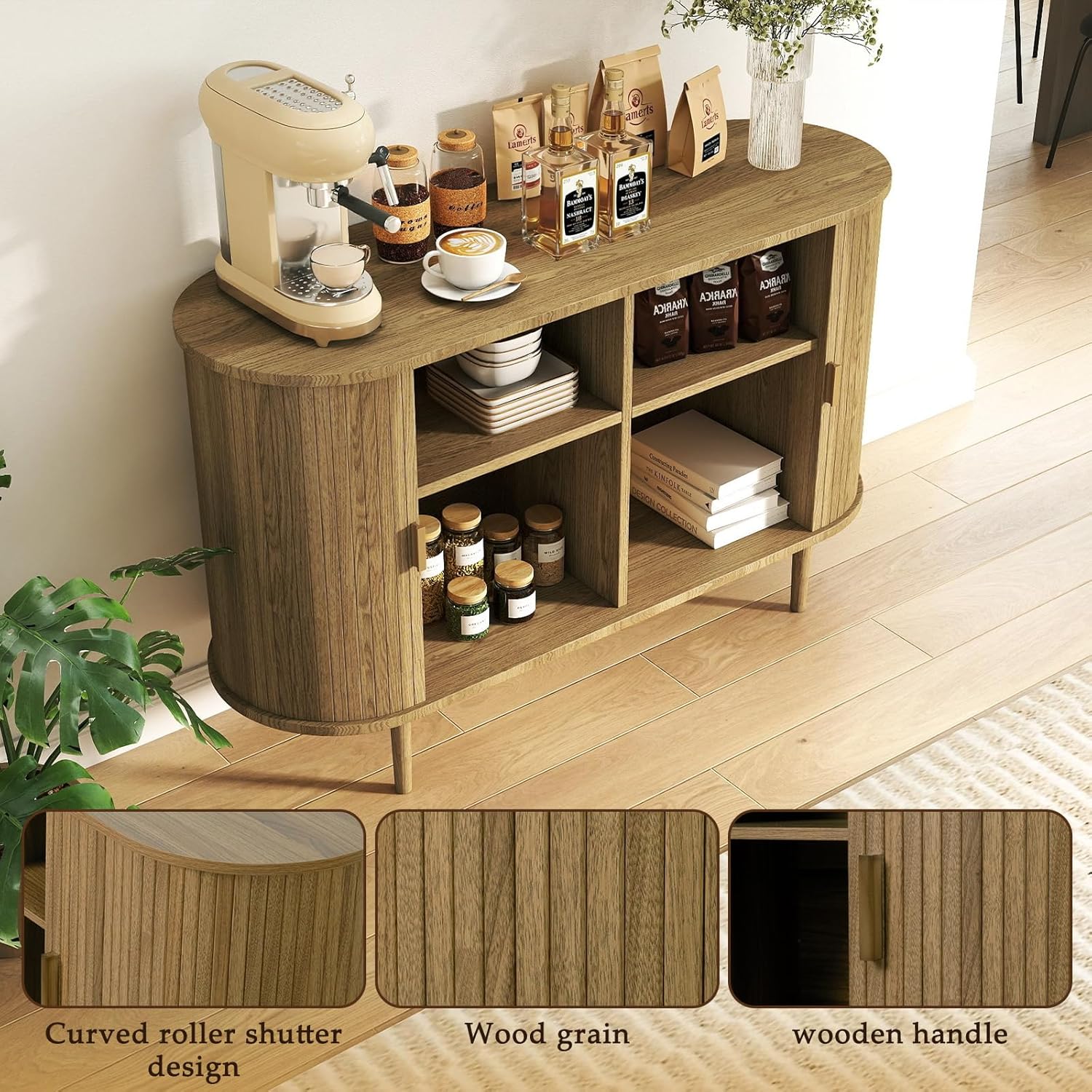 Sideboard Buffet Cabinet,46.85" Fluted Sideboard Storage Cabinet with Fluted Sliding Door,Modern Stand Console Cabinet for Kitchen & Living Room,Restaurant,Entryway(Brown)