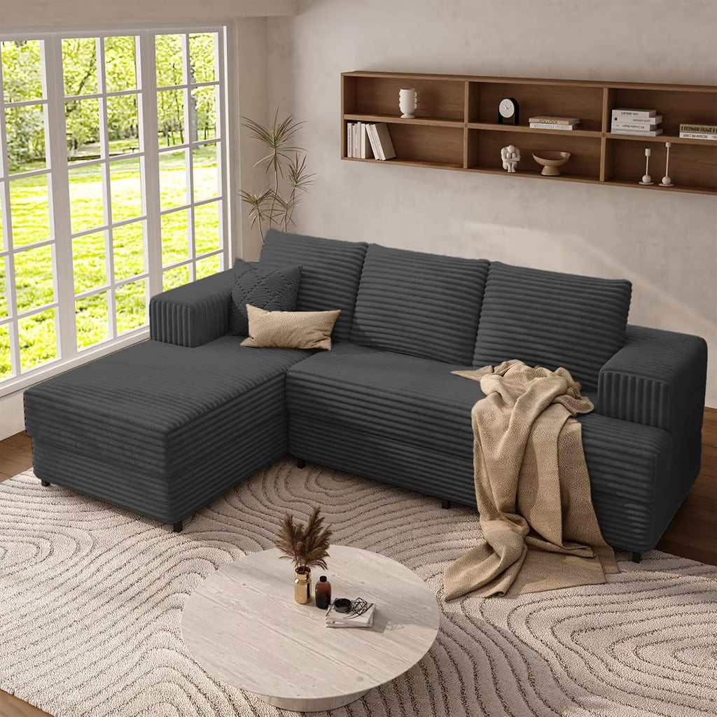 106" Cloud Sectional Sofa with Chaise Lounge, Modular L Shaped Couch with Iron Frame, Modern Fluffy Corduroy Couches for Living Room, Bedroom, Office, Left Facing Chaise, Gray
