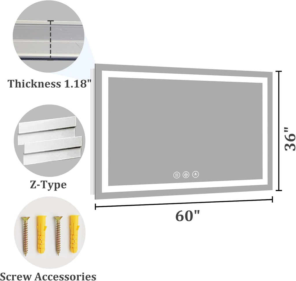 Koonmi 60"x36" LED Mirror for Bathroom, 90CRI Anti-Fog Vanity Mirror with Front and Backlight, Shatter-Proof Wall Mirror with Light, Easy Install Lighted Mirror for Modern Bathroom (IP65)