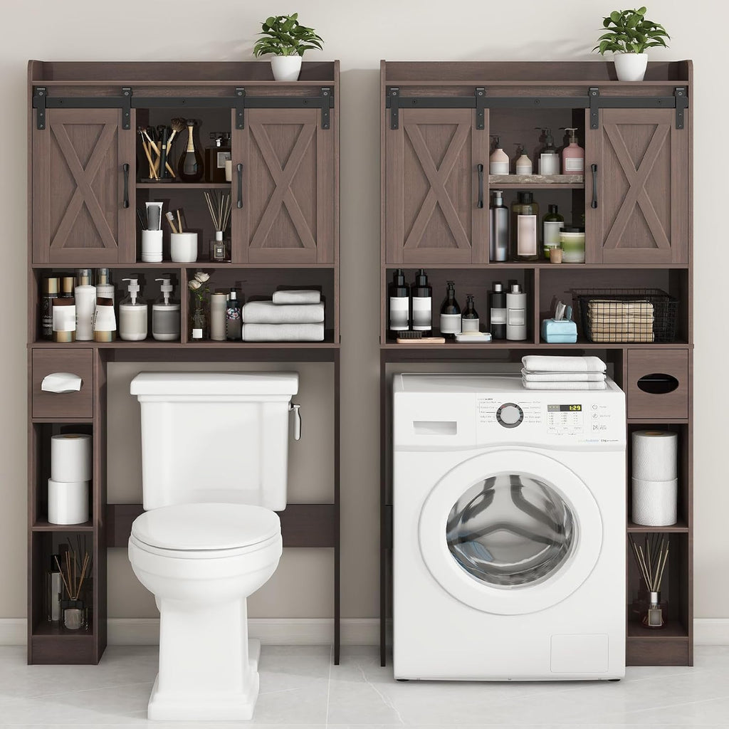 Vabches Over The Toilet Storage Cabinet, Farmhouse Storage Cabinet Over Toilet with Sliding Doors & Toilet Paper Holder Stand，Home Space-Saving Toilet Rack, for Bathroom, Laundry and Restroom