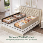 LARMACE King Size Bed Frame with 4 Storage Drawers and Tufted Headboard Linen Upholstered Platform Bed Frame with Heavy Duty Wood Slats, No Box Spring Needed, Easy Assembly, Beige