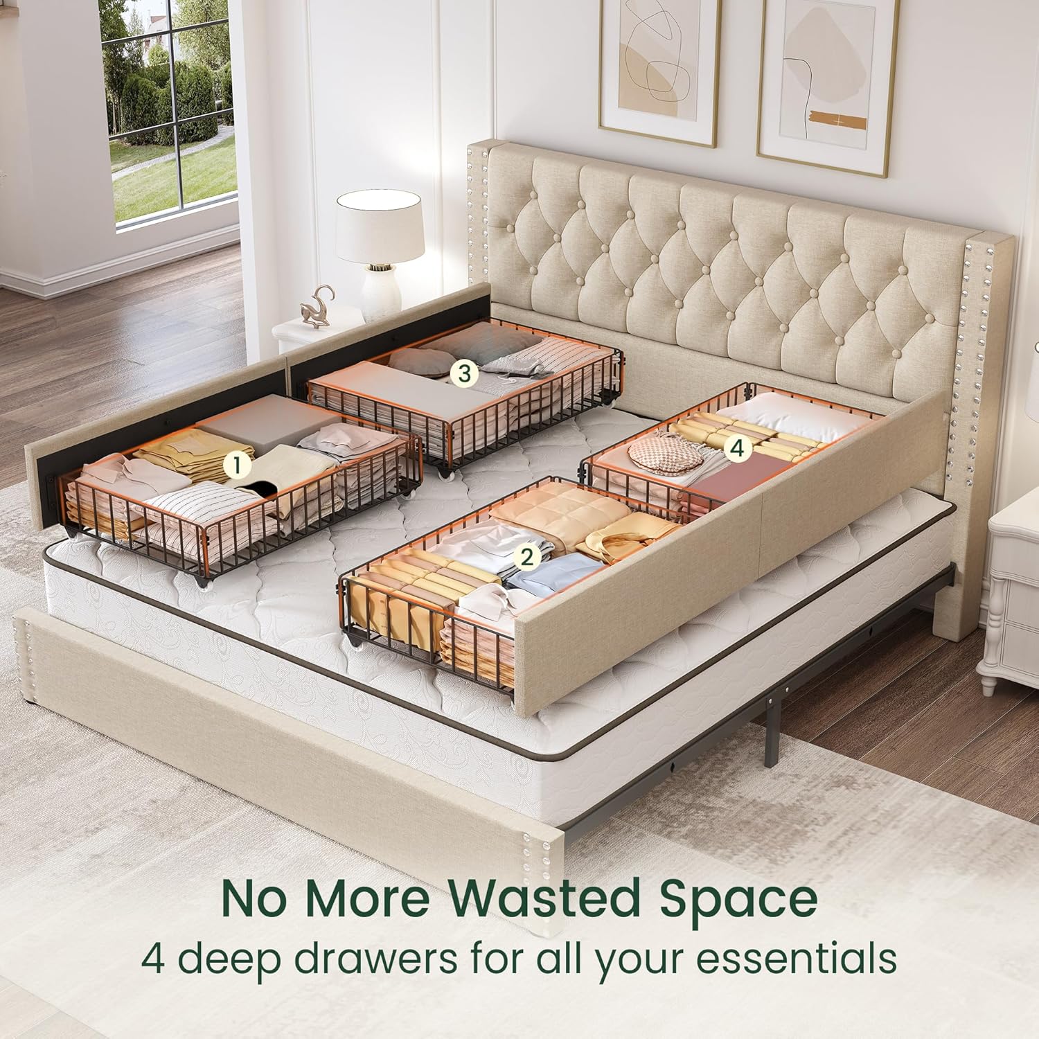 LARMACE King Size Bed Frame with 4 Storage Drawers and Tufted Headboard Linen Upholstered Platform Bed Frame with Heavy Duty Wood Slats, No Box Spring Needed, Easy Assembly, Beige