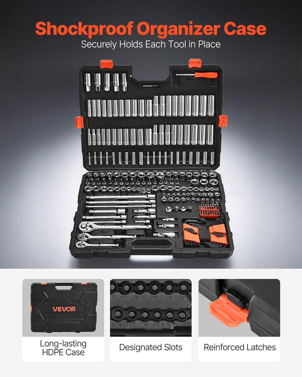 VEVOR Socket Set, 225 Pieces, 3/8 & 1/4 & 1/2 inch Drive Socket and Ratchet Set, SAE and Metric, Deep and Shallow, Mechanic Tool Kit with Bits, Accessories, Storage Case, CR-V Alloy Steel, for Repair