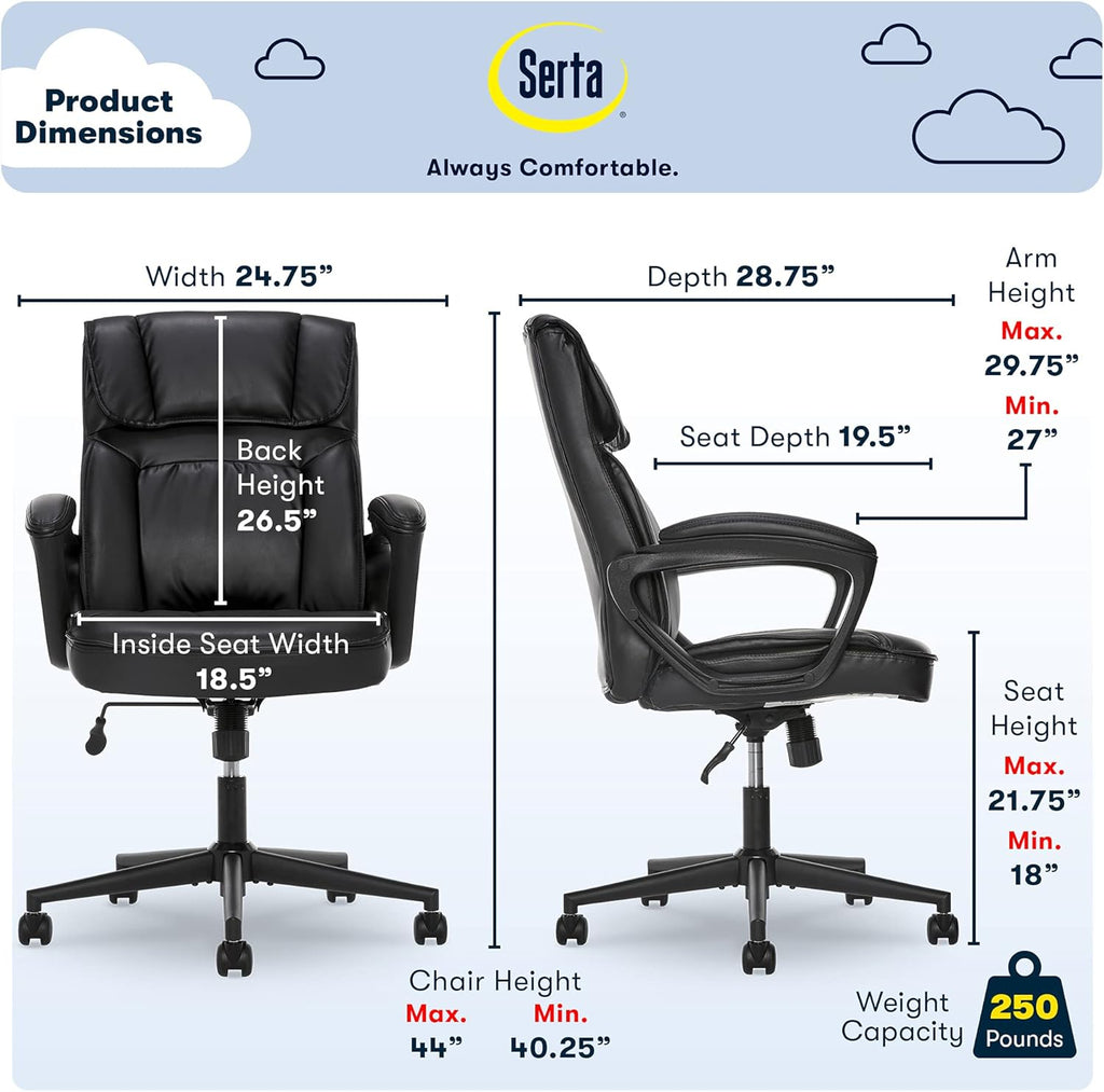 Serta Hannah Executive Home Office Desk Chair, Ergonomic Mid-Back with Lumbar Support, Firm Seat Cushion, Layered Body Pillows, Padded Armrests, Swivel Base, Easy Assembly, Bonded Leather, Black