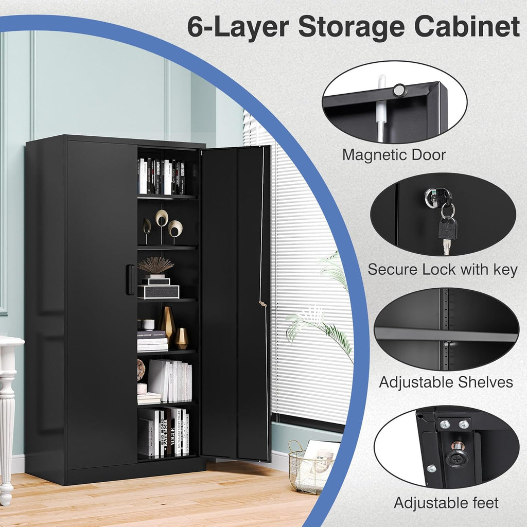 Metal Garage Storage Cabinet,Tall Black Cabinet with Doors and Adjustbale Shelves,Lockable Tool Cabinet for Garage,Basement,Home Office