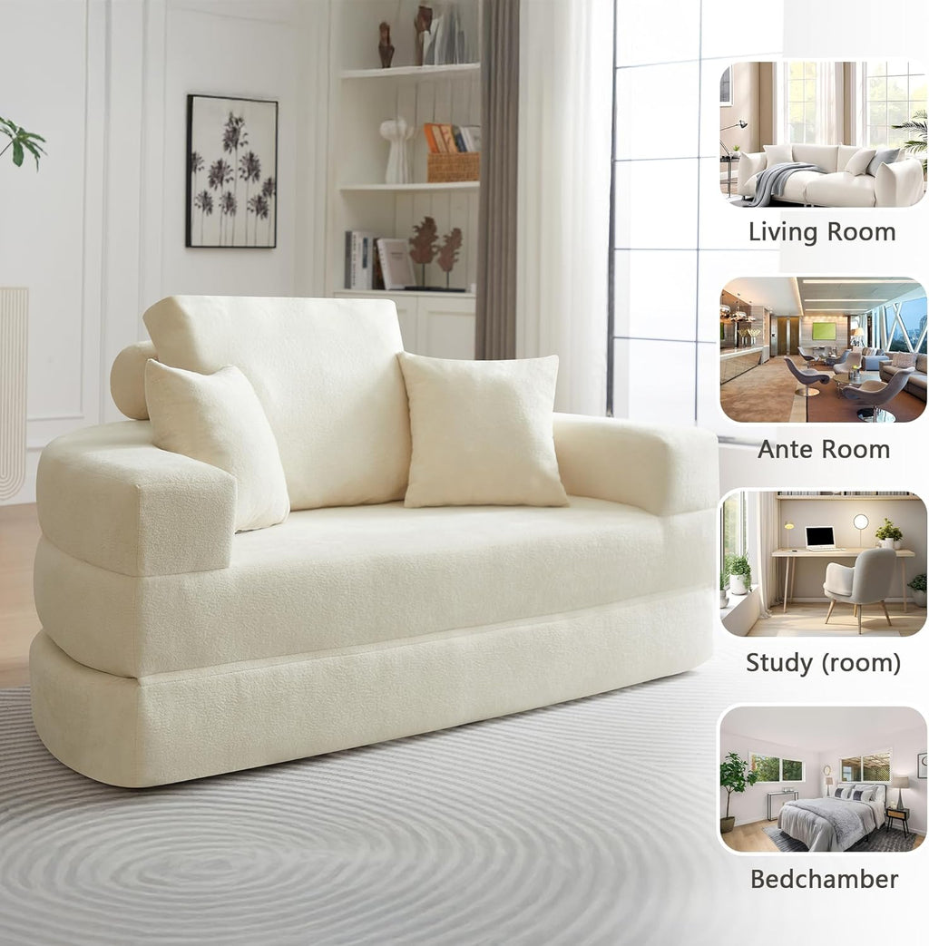 71" Boneless Couch Sofa Bed Oversized Round Couch 2-in-1 Foldable Floor Loveseat Sofa for Living Room and Apartment No Assembly (Beige, 71")