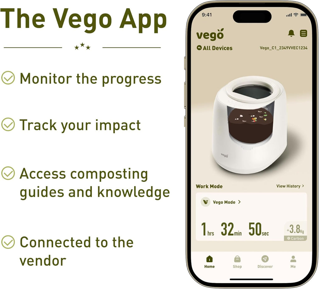 Vego Kitchen Composter, 4L Electric Composter Countertop 5 Modes Weight-Based Smart Compost Bin with App Odorless Auto-Cleaning Food Waste Compost Machine Indoor, White