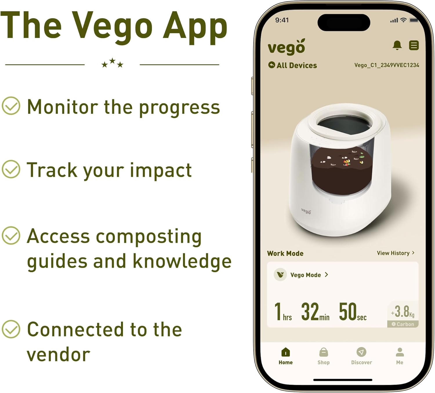 Vego Kitchen Composter, 4L Electric Composter Countertop 5 Modes Weight-Based Smart Compost Bin with App Odorless Auto-Cleaning Food Waste Compost Machine Indoor, White