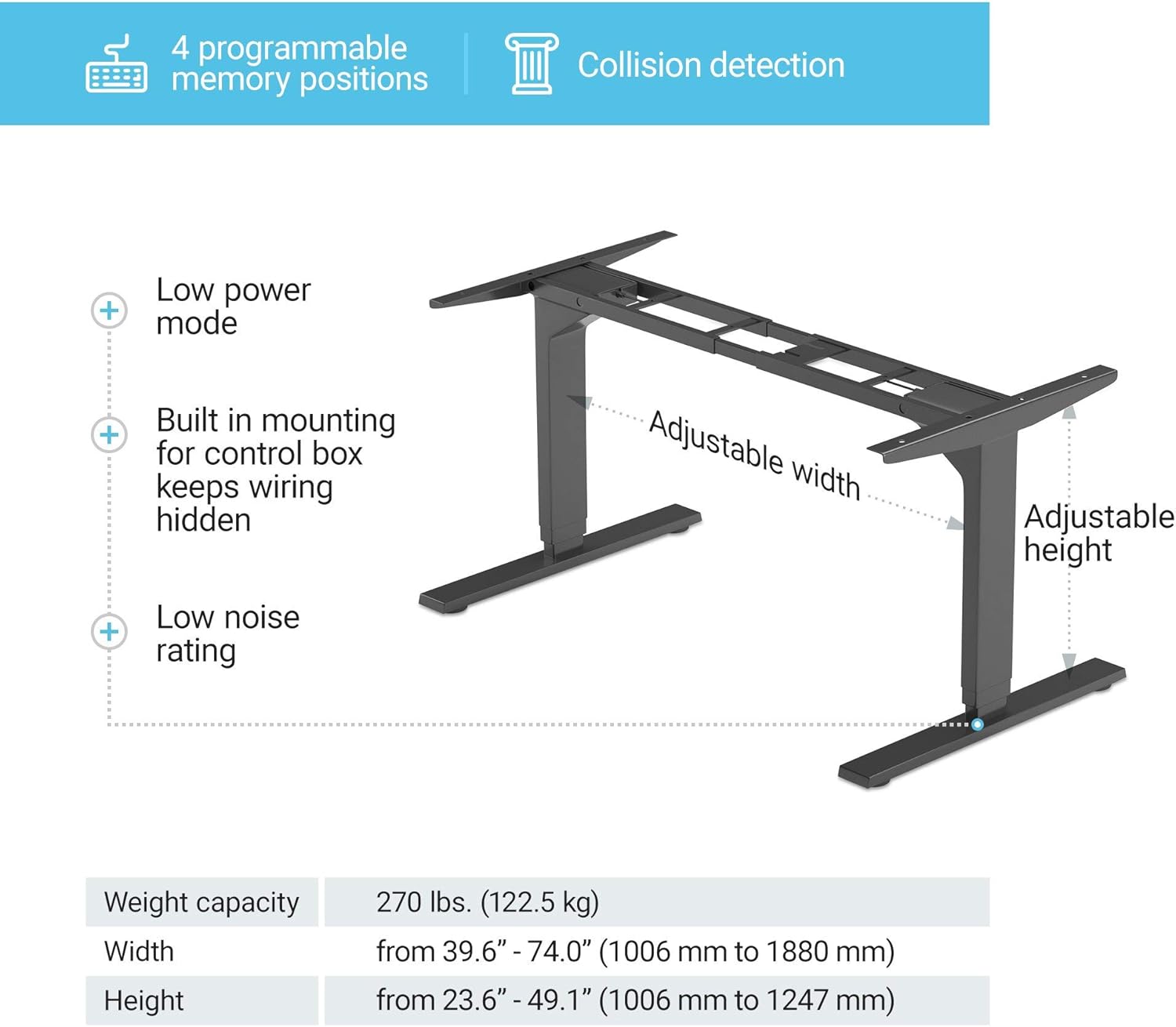 PROGRESSIVE AUTOMATIONS Electric Standing Desk Frame Dual Motor. Adjustable Height and Width, 3 Stages Legs for sit Stand Home Office desks suites Tops from 48" to 73" FLT-02 Black