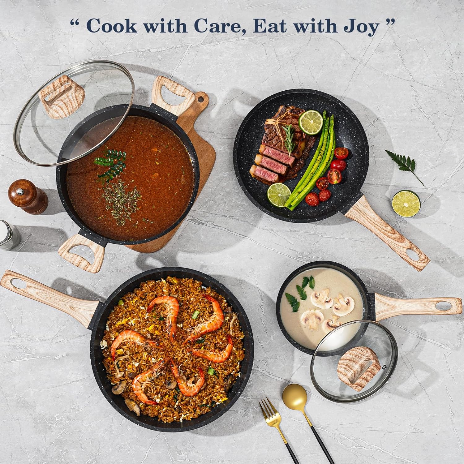 SODAY 12 Pcs Pots and Pans Set Non Stick, Cookware Sets Black Granite Induction Cookware, Non-toxic Healthy Nonstick Kitchen Cooking Set with Frying Pans Set, Saucepans (PFAS/ PFOA/ PFOS Free)