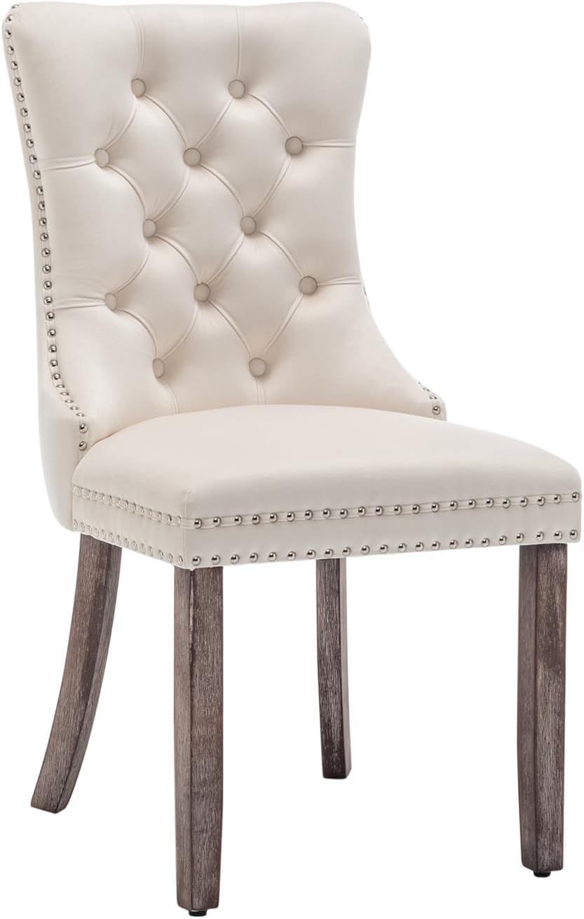 Velvet Dining Chairs Set of 4, Upholstered Dining Room Chairs with Nailhead Ring Pull Trim, Button Tufted Wing Back Chairs for Dining with Solid Wood Legs for Kitchen Dining Room(Beige)