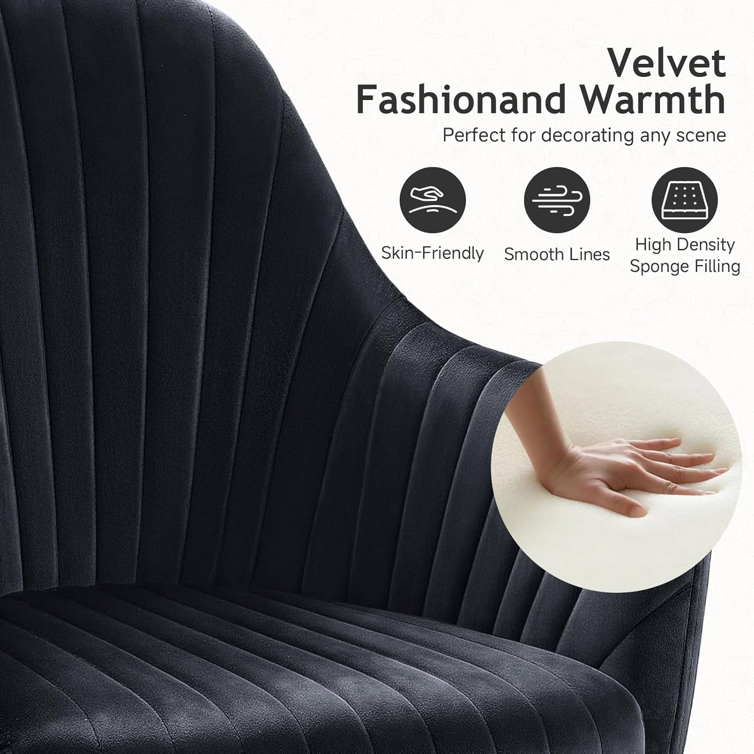 Warmiehomy Office Chair, Velvet Desk Chair for Home Office, Cozy Vanity Chair, Girl Cute Makeup Chair with Arm Rest for Bedroom Dressing Room (Classic Black)