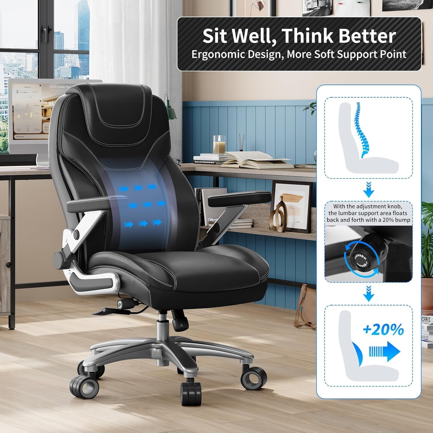 Big and Tall Office Chair with 5D Arms, 600lbs Fabric & PU Leather Heavy Duty Desk Chair, Adjustable Lumbar Support & Height, Tilt Function, High Back Ergonomic Executive Computer Chair
