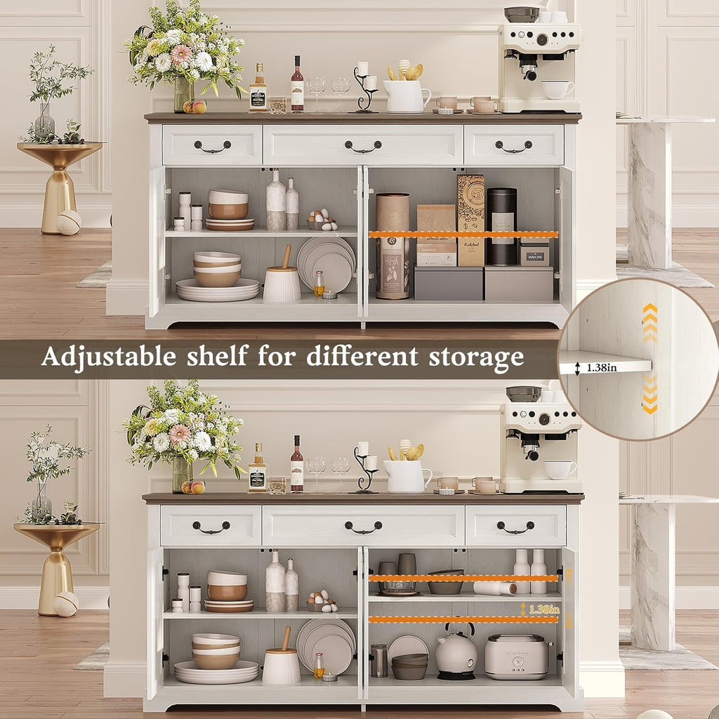 Sunny Heart 65" Large Buffet Storage Cabinet, Farmhouse Kitchen Sideboard Buffet with 3 Drawers and 4 Doors, Coffee Bar Wine Bar Cabinet with Storage for Living Room, White