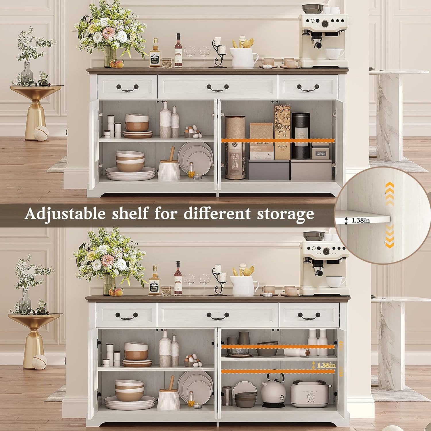 Sunny Heart 65" Large Buffet Storage Cabinet, Farmhouse Kitchen Sideboard Buffet with 3 Drawers and 4 Doors, Coffee Bar Wine Bar Cabinet with Storage for Living Room, White