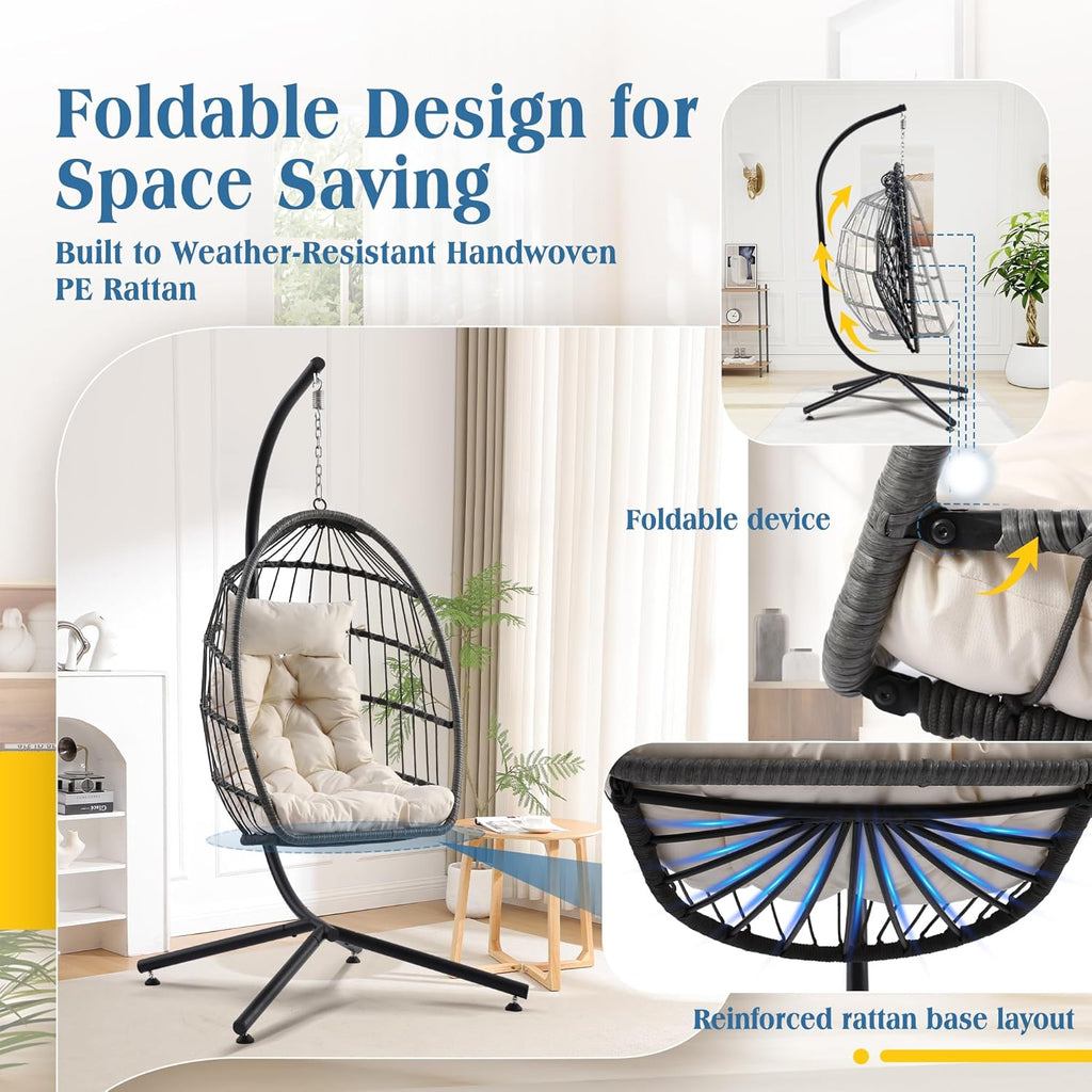 Hanging Egg Chair with Stand, Foldable Wicker Porch Swing Chair Outdoor Indoor, Heavy Duty Rattan Hammock Chairs with Cushion Headrest, Bedroom Balcony Patio Lounge Furniture, 350LBS (Beige)