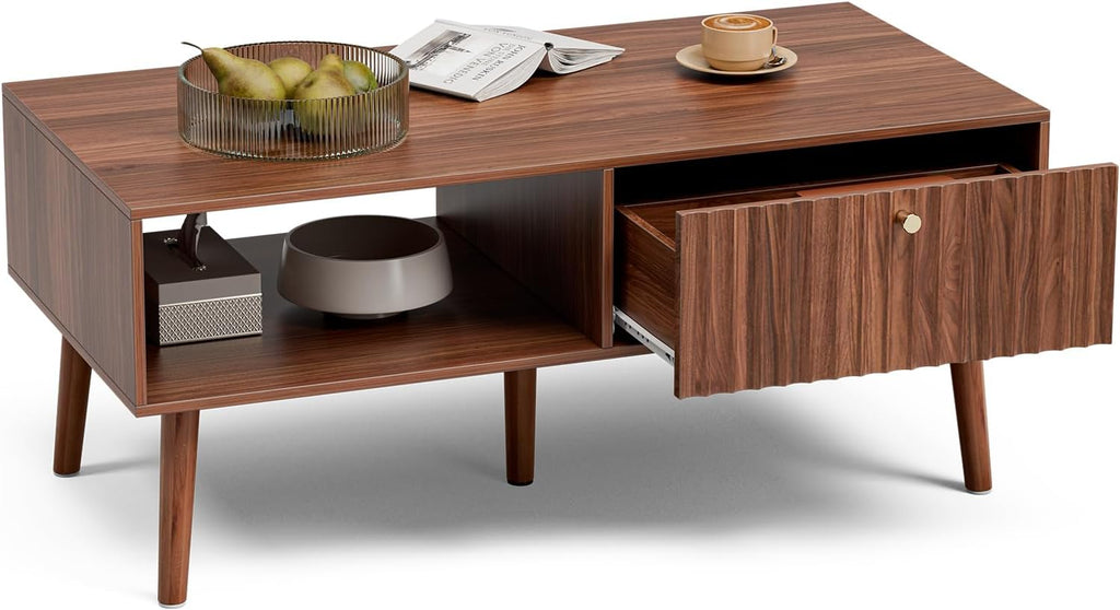 LCRBOL Coffee Table with Storage, Mid Century Dining Table with Fluted Drawer and Solid Wood Legs, Small Coffee Tables for Living Room, Walnut