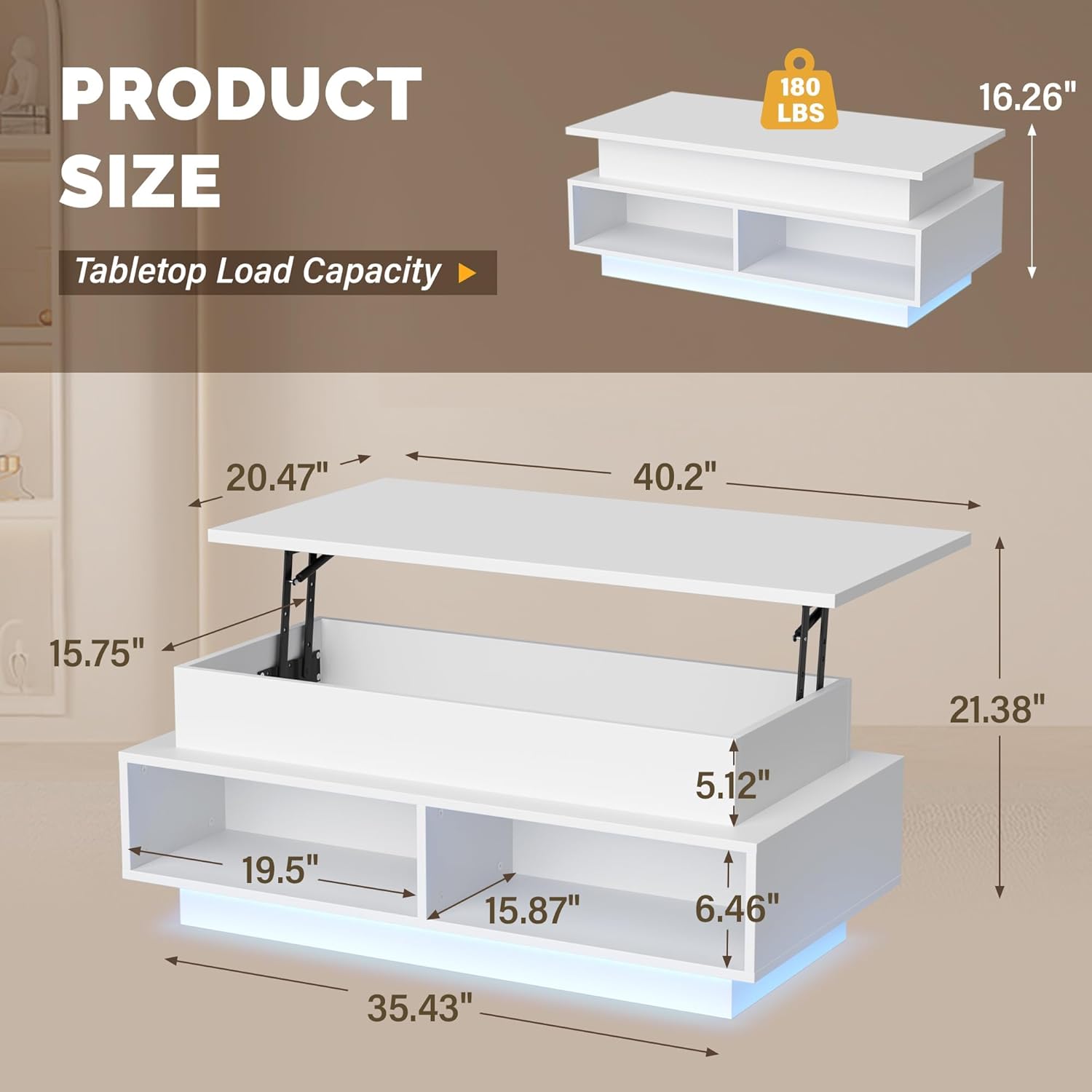 YSHOMY 40" Lift Top Coffee Table with Hidden Storage & Multi-Color LED Lights, Modern Square Wood Table with 4 Open Shelves for Living Room and Small Space, White Grain
