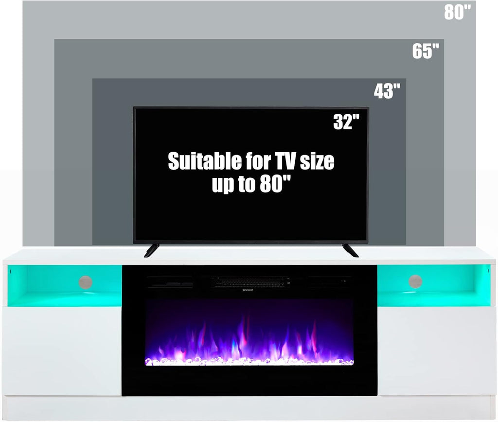 AMERLIFE TV Stand with Fireplace, LED Light Entertainment Center with 36" Electric Fireplace, 70" Modern Wood Entertainment Stand with Highlight Storage Cabinet for TVs up to 80", White & Black