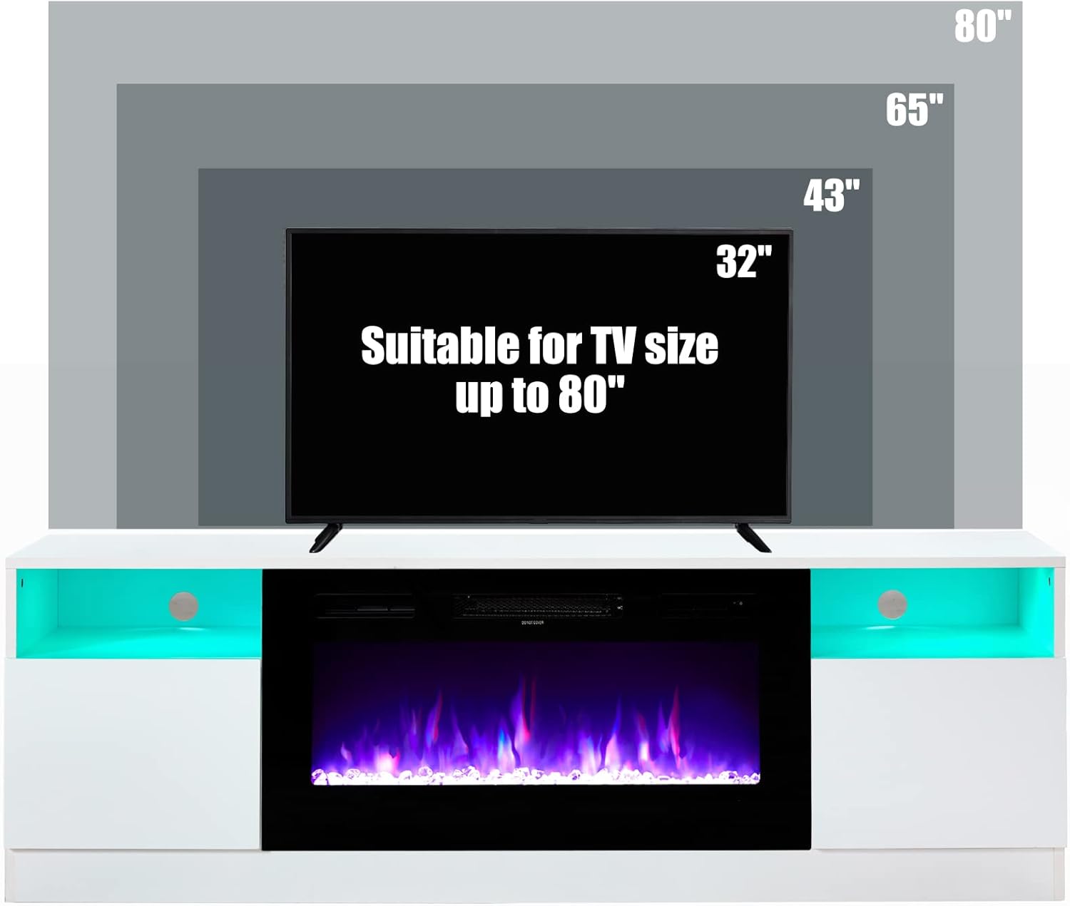 AMERLIFE TV Stand with Fireplace, LED Light Entertainment Center with 36" Electric Fireplace, 70" Modern Wood Entertainment Stand with Highlight Storage Cabinet for TVs up to 80", White & Black