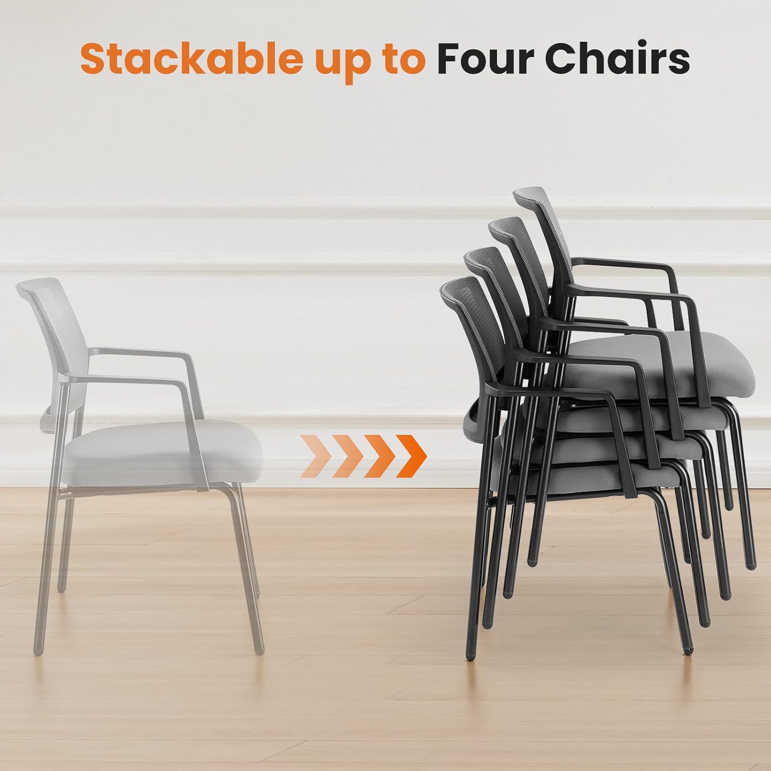 Sweetcrispy Mesh Back Stacking Arm Chairs, Upholstered Fabric Stacking Chairs, Sturdy Metal Office Chairs, Easy to Use and Store, Outdoor and Indoor, for Home, School, Party, Church, 2 Pack Grey