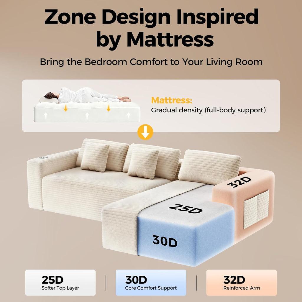 108” Cloud Sectional Couch, Modern Modular Sectional Sofa with Deep Seat, Corduroy Boneless Couches with Chaise, L-Shaped Sofa for Living Room, 4 Storage Pockets (Right Facing Chaise, Beige)