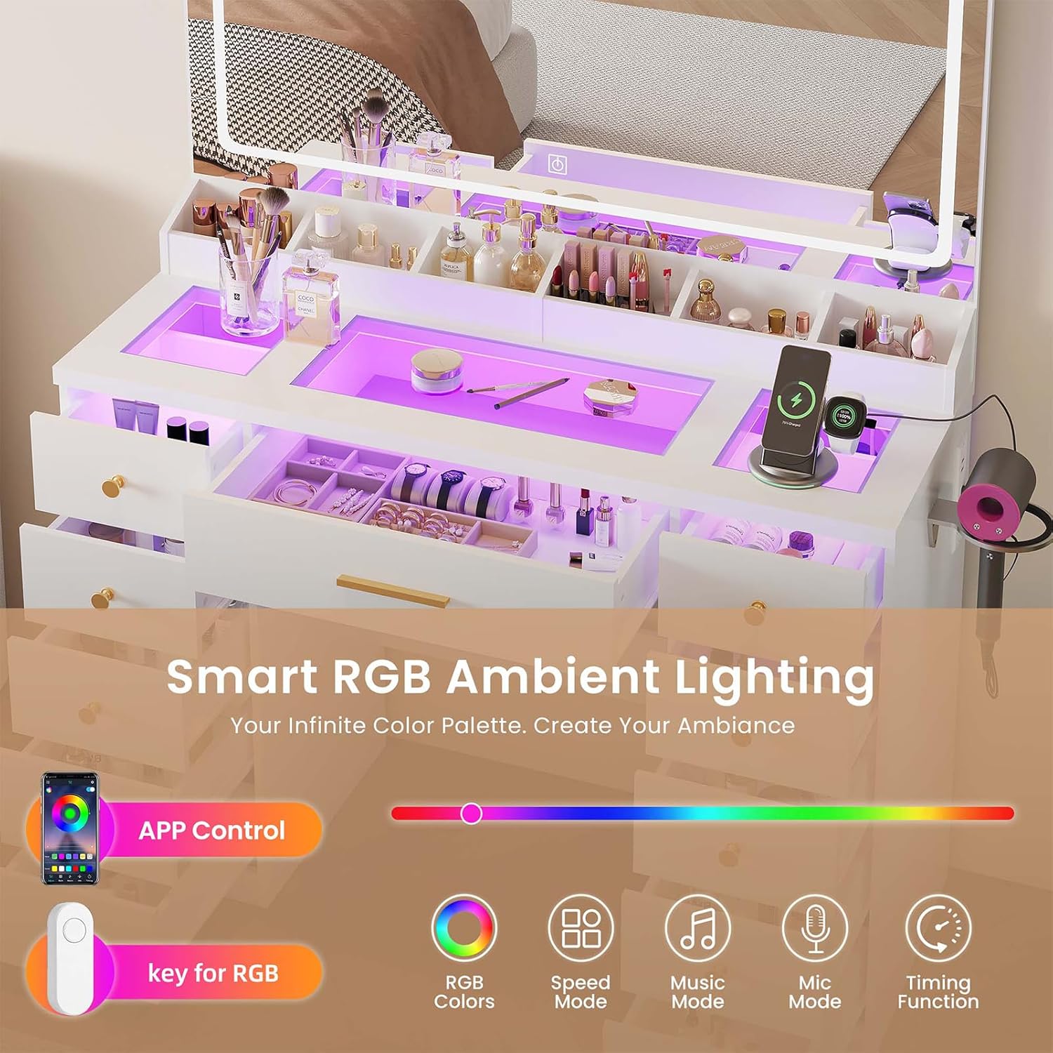 White Vanity Desk with Mirror and Lights,Glass Top Vanity Table with Power Outlet,Dressing Table with 11 RGB Drawers,3 Led Light Modes,Makeup Vanity Desk for Bedroom Women Girls