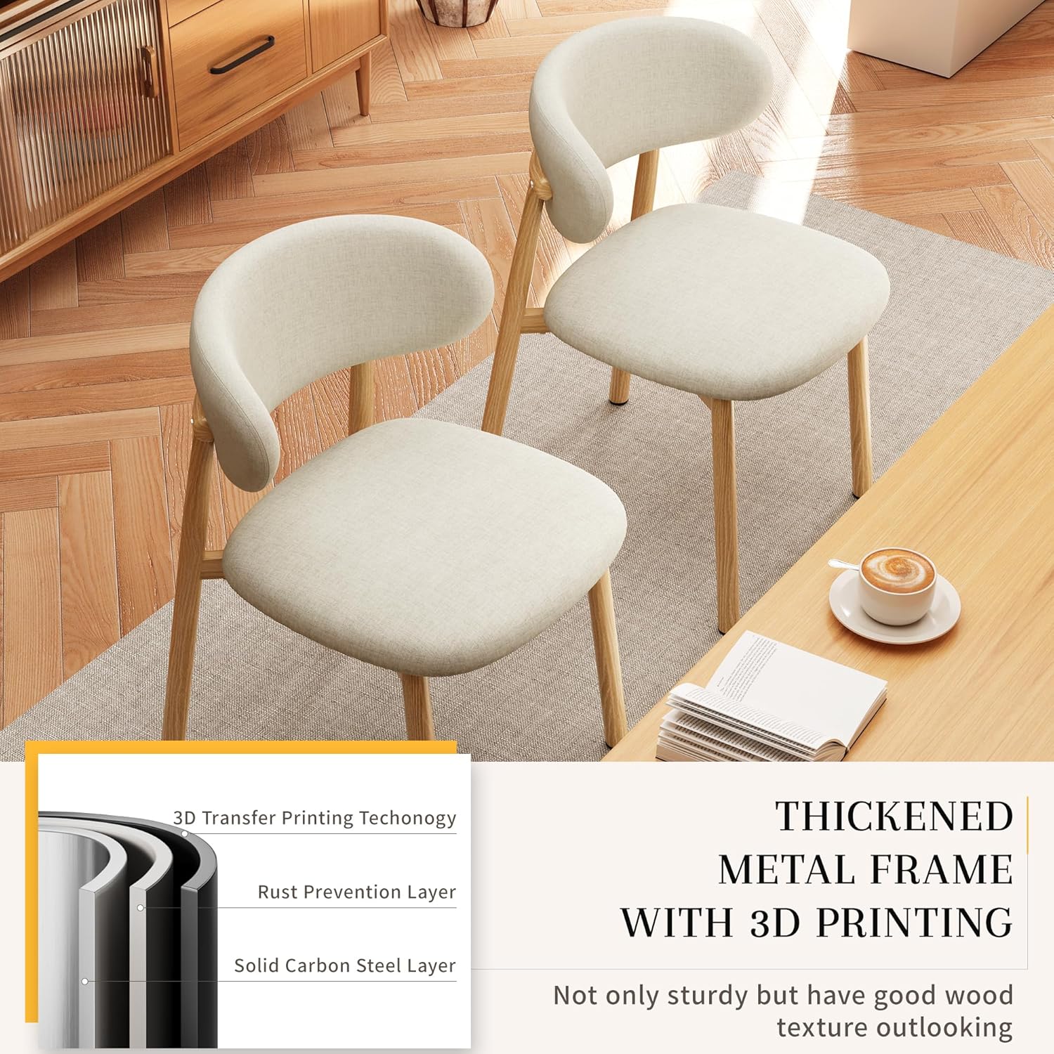 Kitchen Dining Chairs Set of 4 Modern Soft Linen Farmhouse Dining Room Chair with Metal Legs, Beige/Original