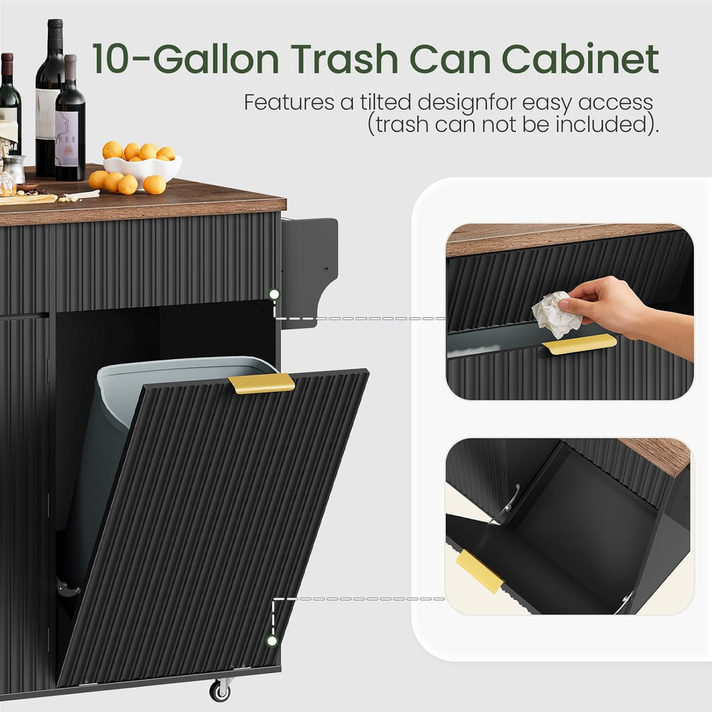 Mobile Kitchen Island with Folding Drop Leaf Countertop, Rolling Kitchen Island Cart with Trash Can Storage, Drawers, Adjustable Shelf, Spice Rack, for Dining Room, Black and Walnut MZD08BL