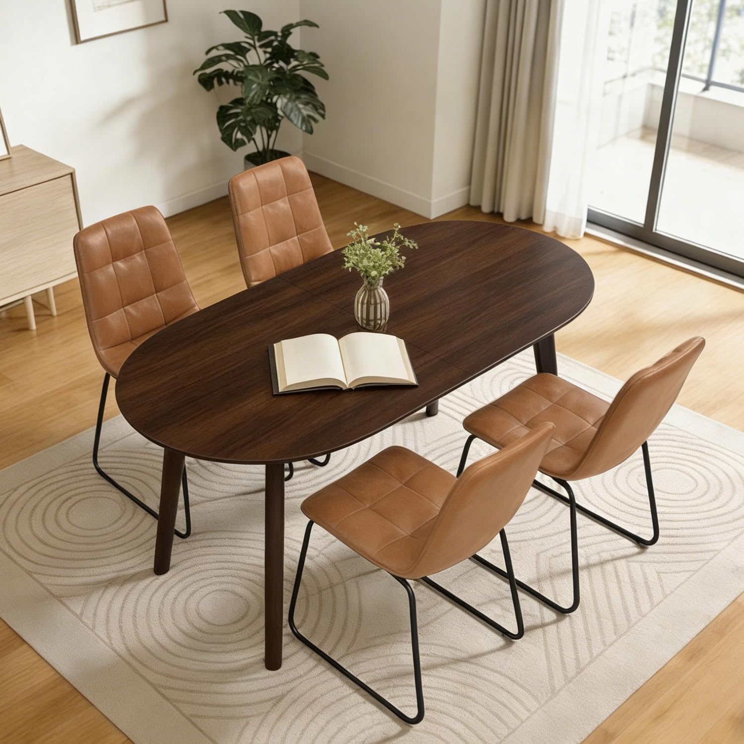63" Oval Dining Table Set for 4, 5 Piece Modern Dining Table Set for Kitchen and Dining Room, Solid Wood Legs Dining Table with 4 Checkered PU Leather Dining Chairs（Walnut Table+4 Brown Chairs)