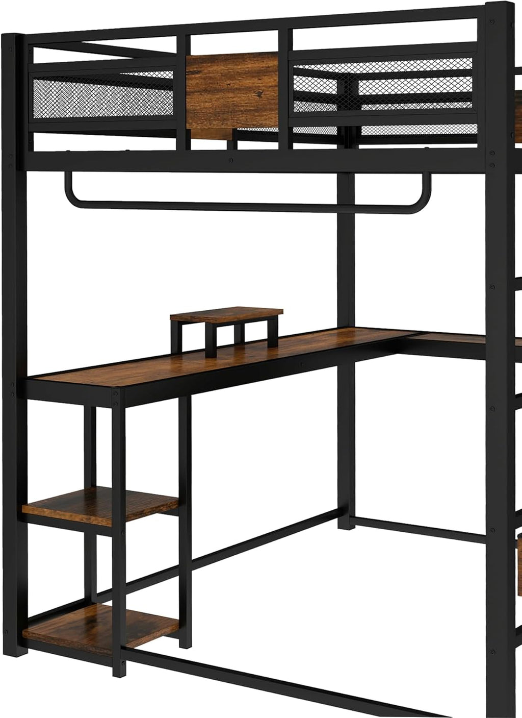 Bellemave Queen Loft Bed with Desk and Fabric Drawer, Metal Queen Loft Bed Frame with guardrail and Ladder for Adults, Kids, Teens, Black