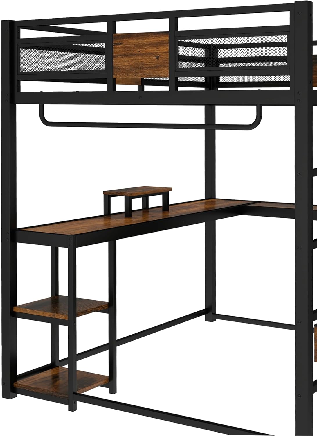 Bellemave Queen Loft Bed with Desk and Fabric Drawer, Metal Queen Loft Bed Frame with guardrail and Ladder for Adults, Kids, Teens, Black