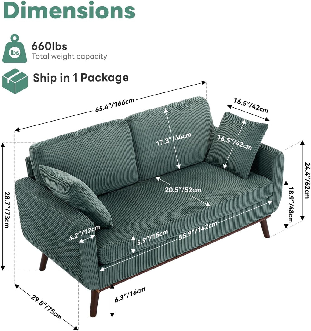 Tbfit 65" Corduroy Love Seat with Spring Cusions, Mid Century Modern Loveseat Sofa for Livingroom & Bedroom, Comfy Upholstered Small Couch