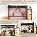 Bellemave Full Loft Beds with Storage Beside Shelves and Wardrobe, Metal Loft Bed with LED Lights and USB Ports, Heavy-Duty Loft Bed Frame for Teens, Adults, Noise-Free & Space-Saving, Black+Natural