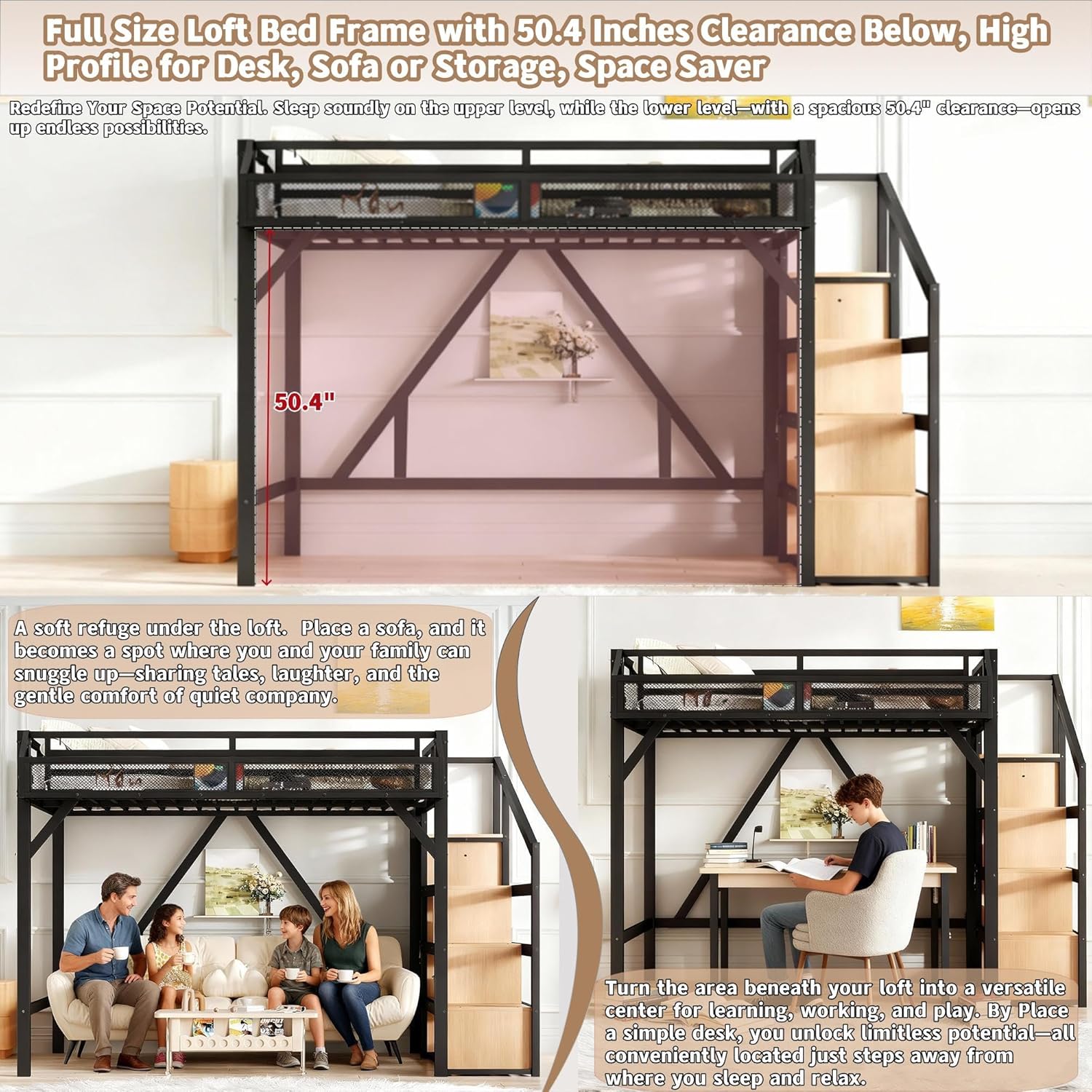 Bellemave Full Loft Beds with Storage Beside Shelves and Wardrobe, Metal Loft Bed with LED Lights and USB Ports, Heavy-Duty Loft Bed Frame for Teens, Adults, Noise-Free & Space-Saving, Black+Natural