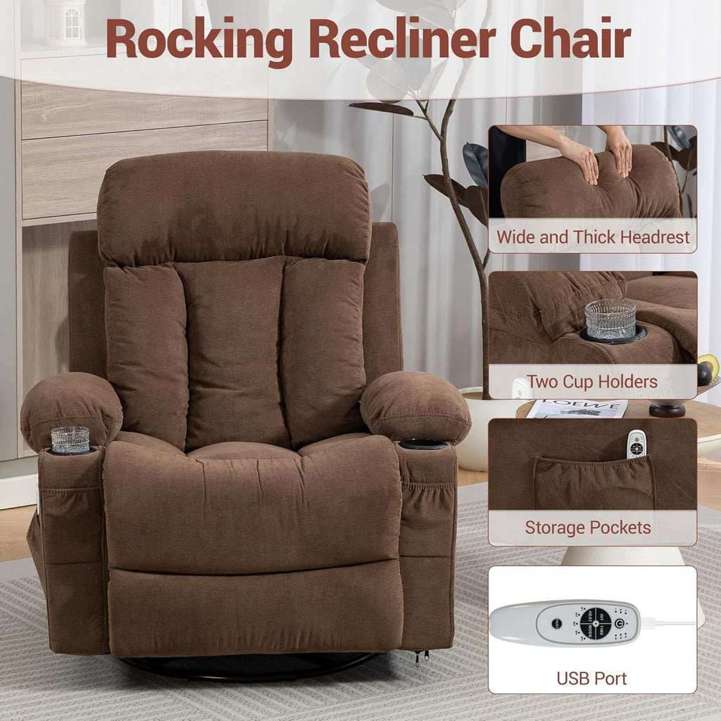 360° Swivel Rocking Chair, Rocker Recliner Chair with Vibration Massage and Heat, Ergonomic Lounge Chairs with Rocking Function and Side Pocket, Cup Holders, Brown