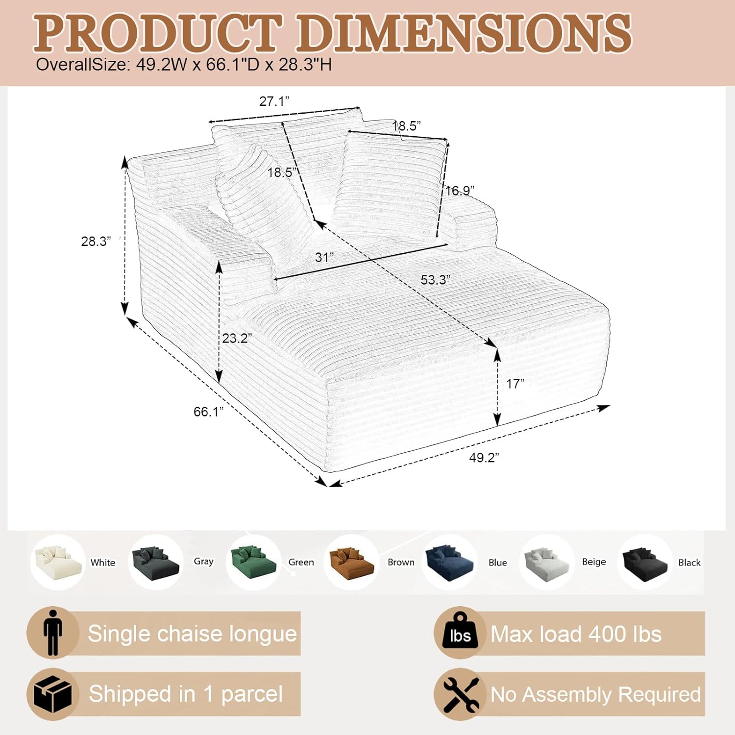50" W Chaise Lounge Chair Indoor, Oversized Upholstered Corduroy Boneless Sofa Bed with 3 Pillows, Deep Seat Sleeper Reading Chair Cloud Couch for Living Room, No Assembly Required
