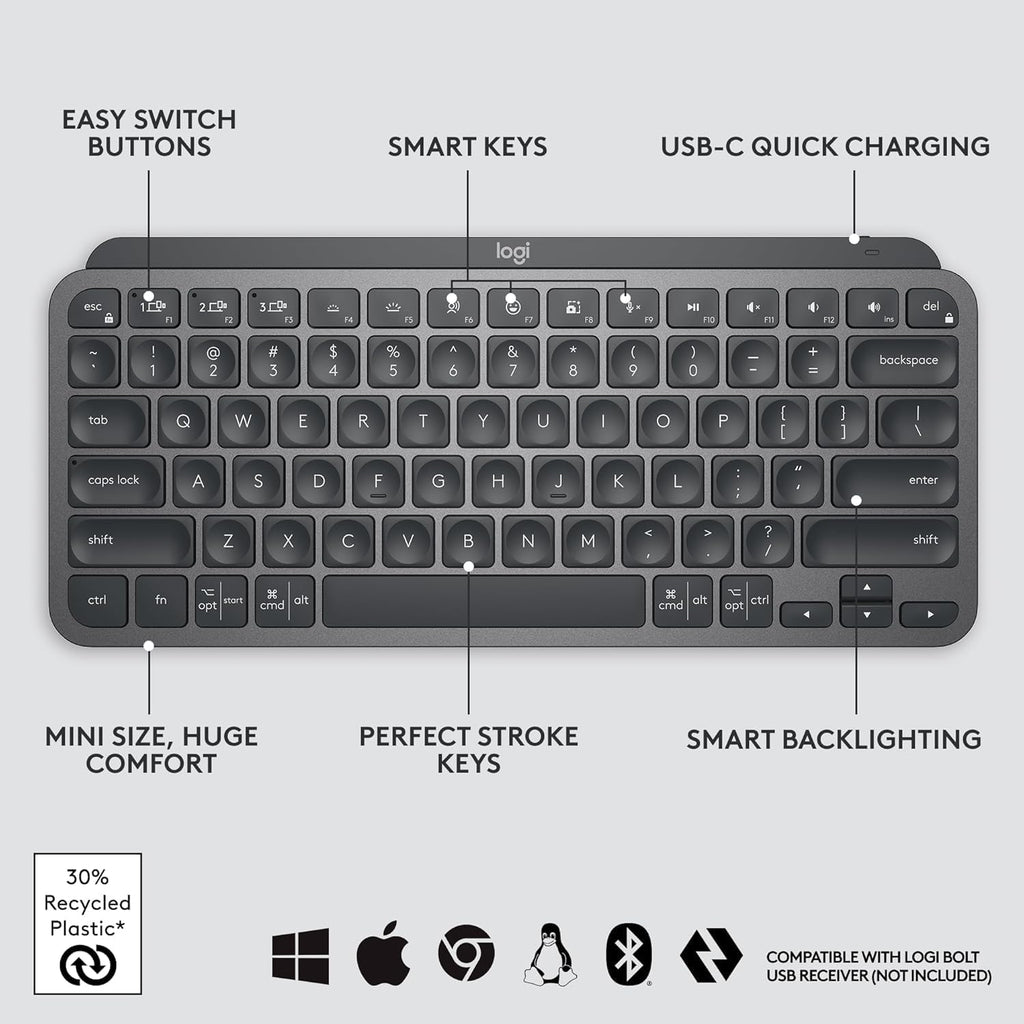 Logitech MX Keys Mini Minimalist Wireless Illuminated Keyboard, Compact, Bluetooth, Backlit, USB-C, Compatible with Apple macOS, iOS, Windows, Linux, Android, Metal Build - Graphite
