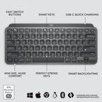 Logitech MX Keys Mini Minimalist Wireless Illuminated Keyboard, Compact, Bluetooth, Backlit, USB-C, Compatible with Apple macOS, iOS, Windows, Linux, Android, Metal Build - Graphite