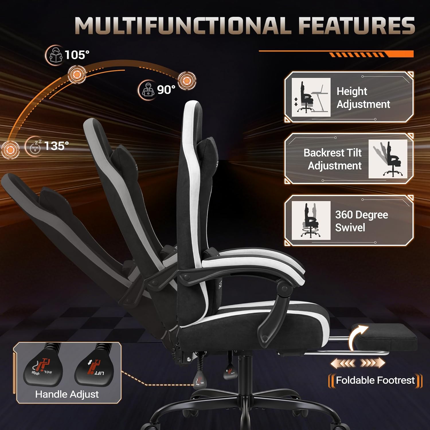 Homall Gaming Chair with Massage & Footrest, Ergonomic Computer Office Chair, High-Back Racing Style Reclining Chair with Adjustable Lumbar Support, Breathable Tech Fabric for Adults (Black)