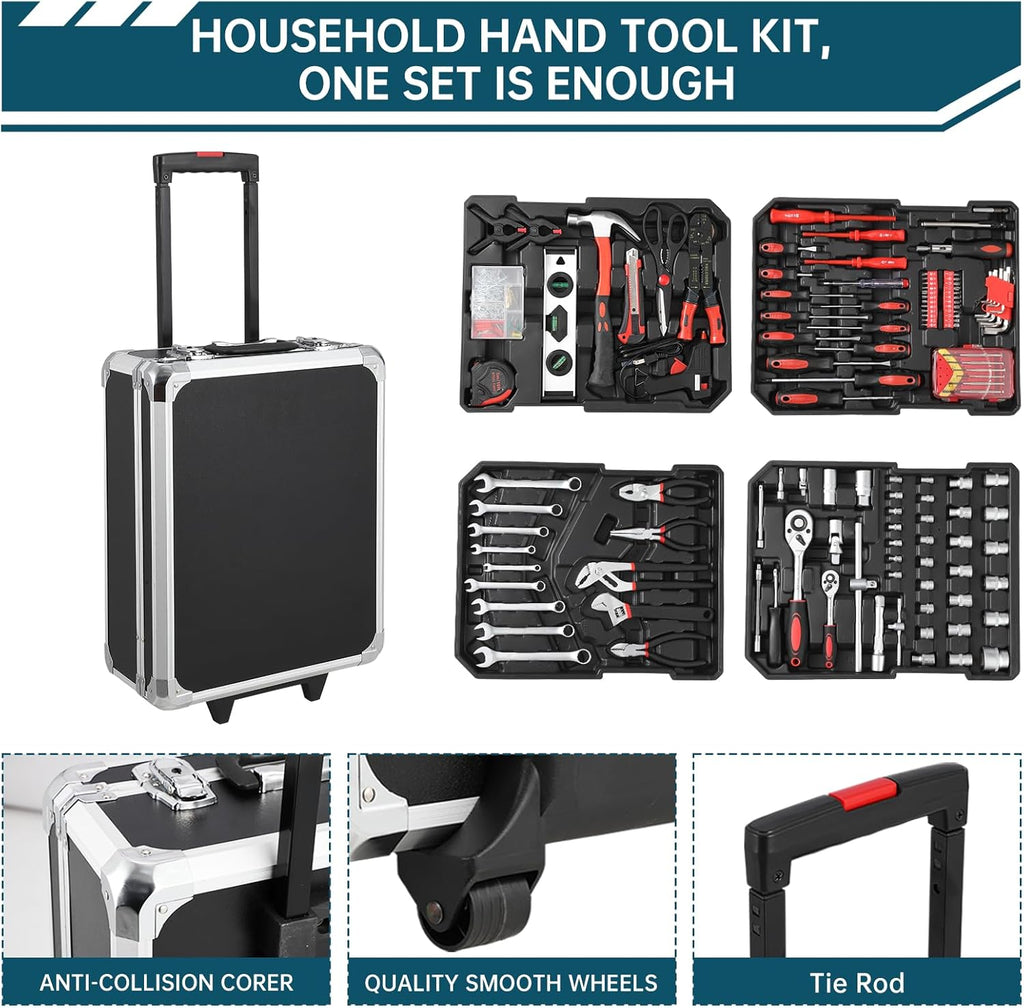 800-Piece Mechanics Tool Set with Rolling Aluminum Case, Complete Socket & Wrench Kit with Hand Tools, Portable Garage Tool Box for Auto Repair, Home Maintenance, DIY Projects & Garden Work