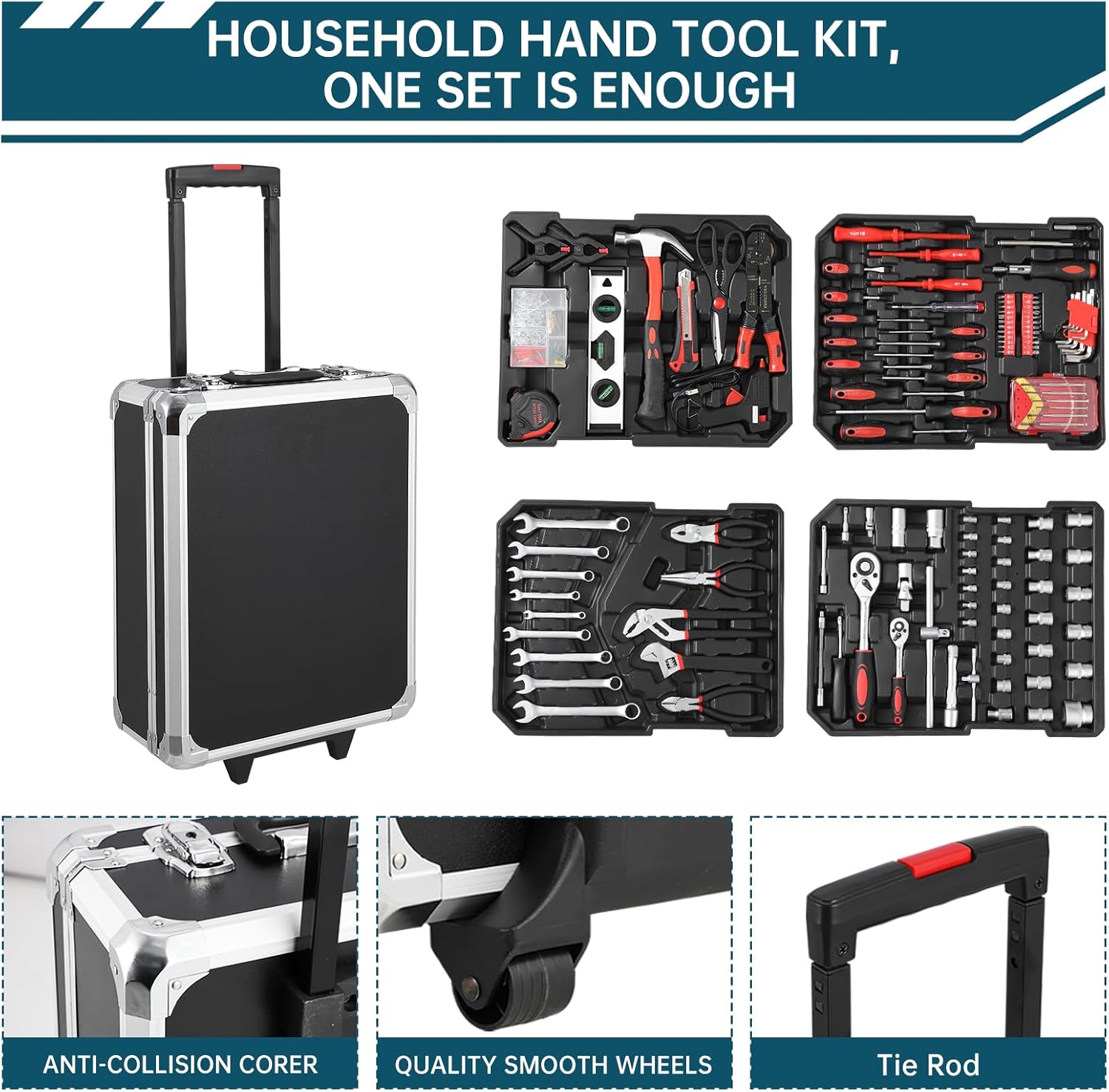 800-Piece Mechanics Tool Set with Rolling Aluminum Case, Complete Socket & Wrench Kit with Hand Tools, Portable Garage Tool Box for Auto Repair, Home Maintenance, DIY Projects & Garden Work